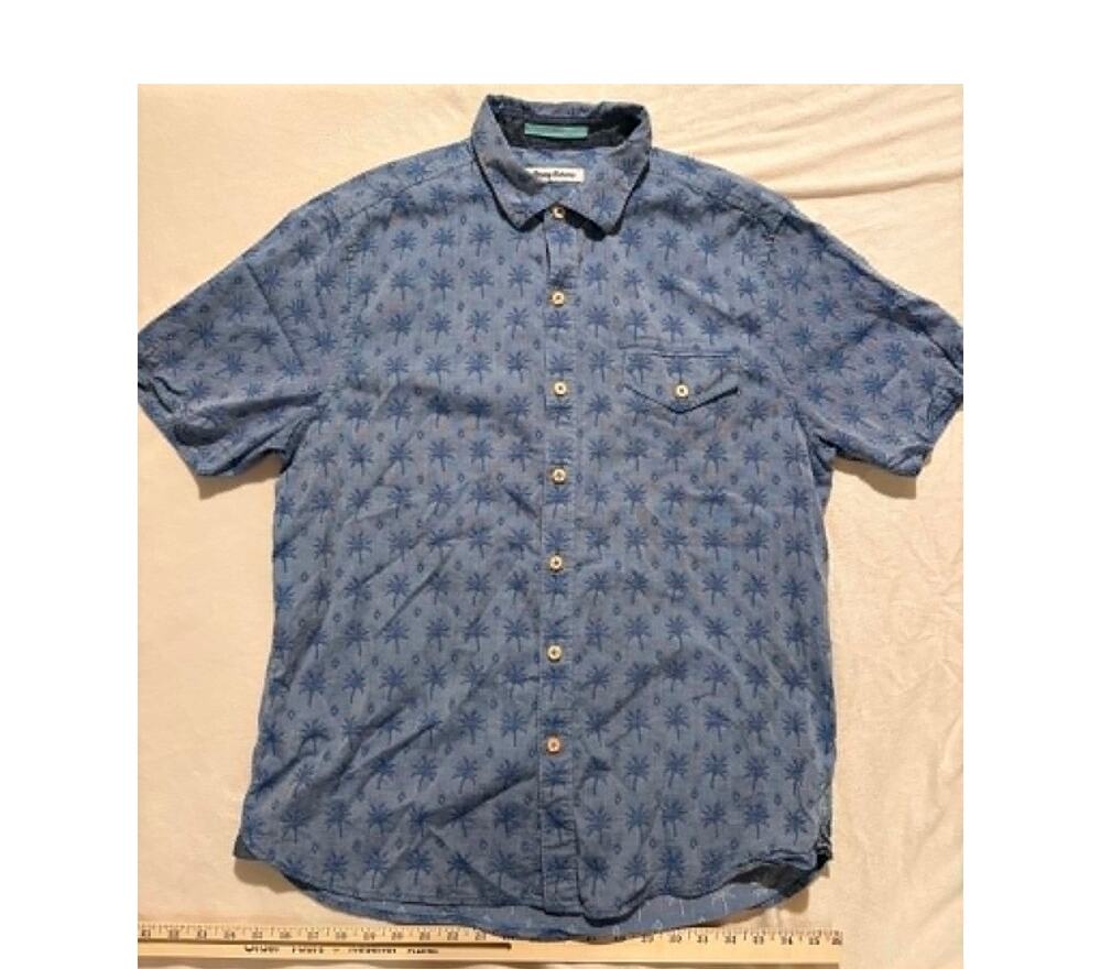Tommy Bahama Blue Palm Tree Print Short Sleeve Button up